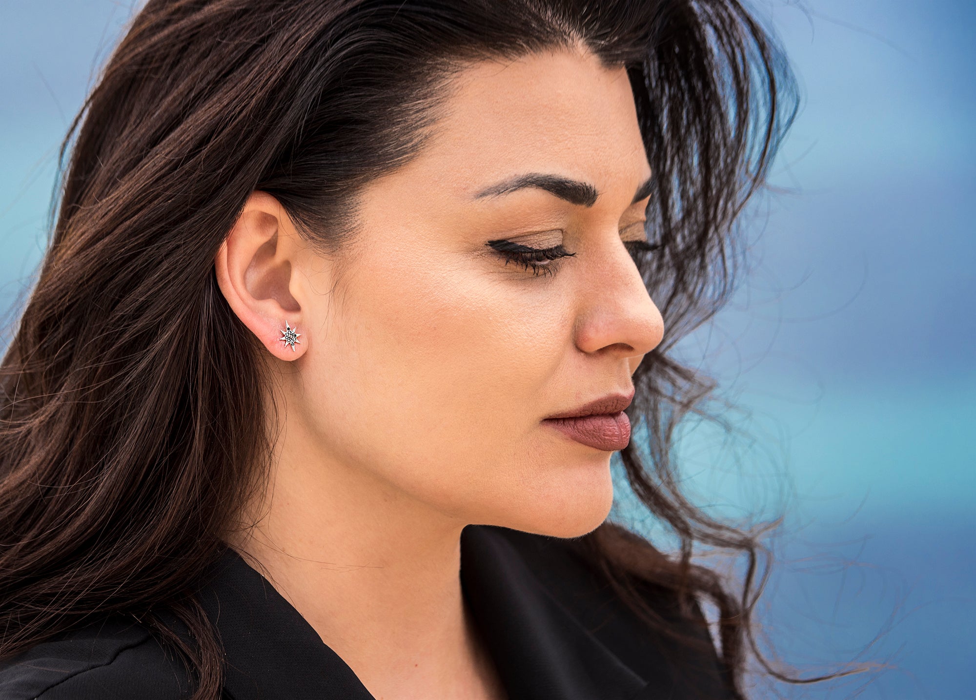 Black Stone Polar Star Silver Earrings