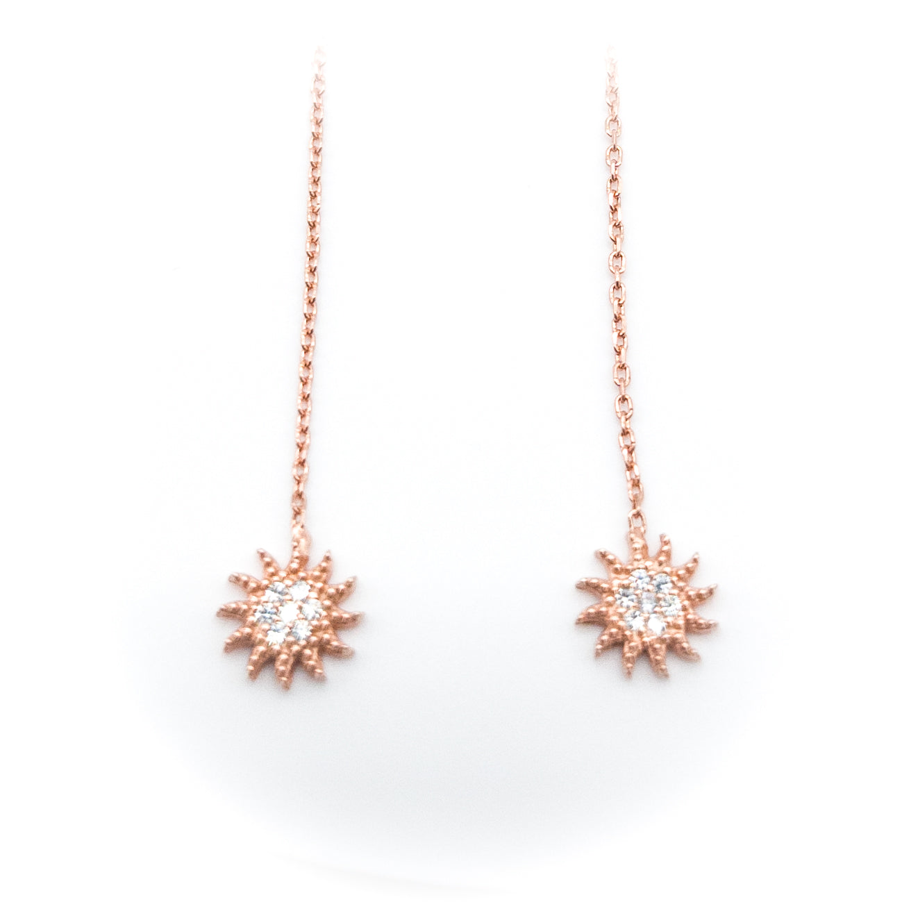 White Stone Sun Silver Chain Earrings