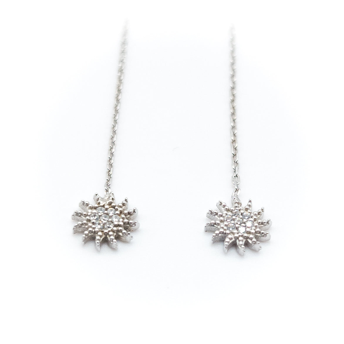 White Stone Sun Silver Chain Earrings