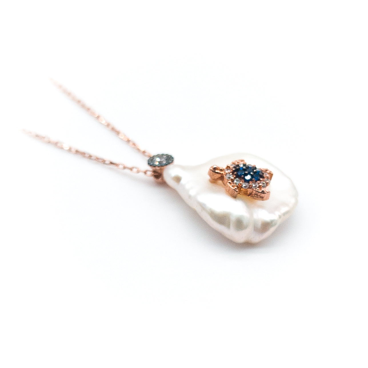 Baroque White Pearl & Blue Stone Turtle Necklace