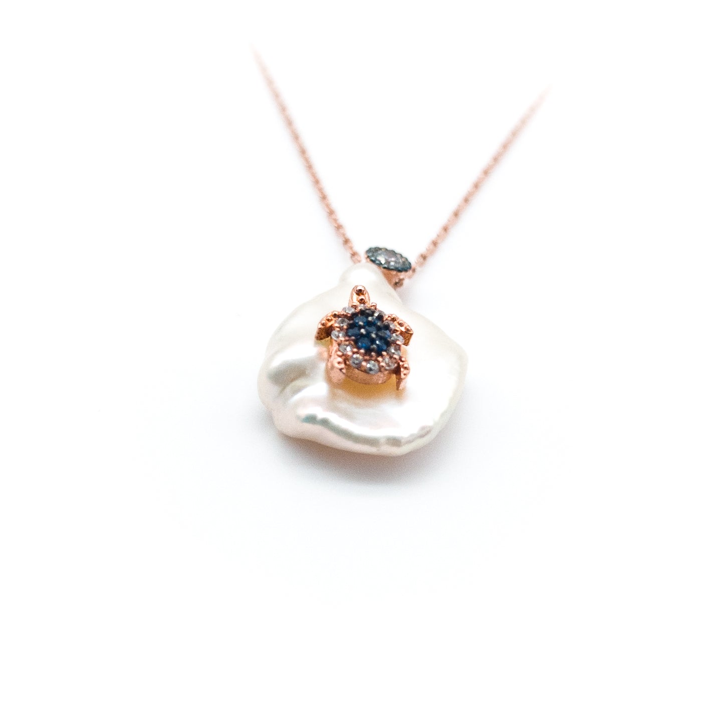 Baroque White Pearl & Blue Stone Turtle Necklace