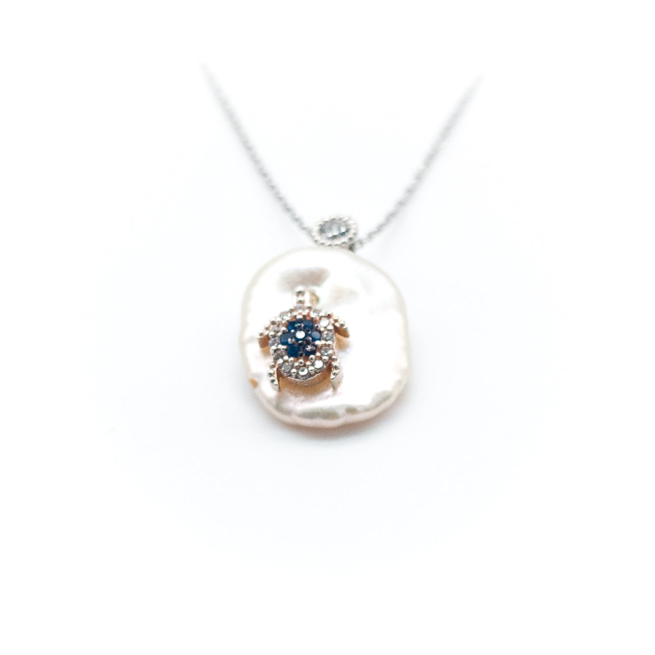Baroque White Pearl & Blue Stone Turtle Necklace