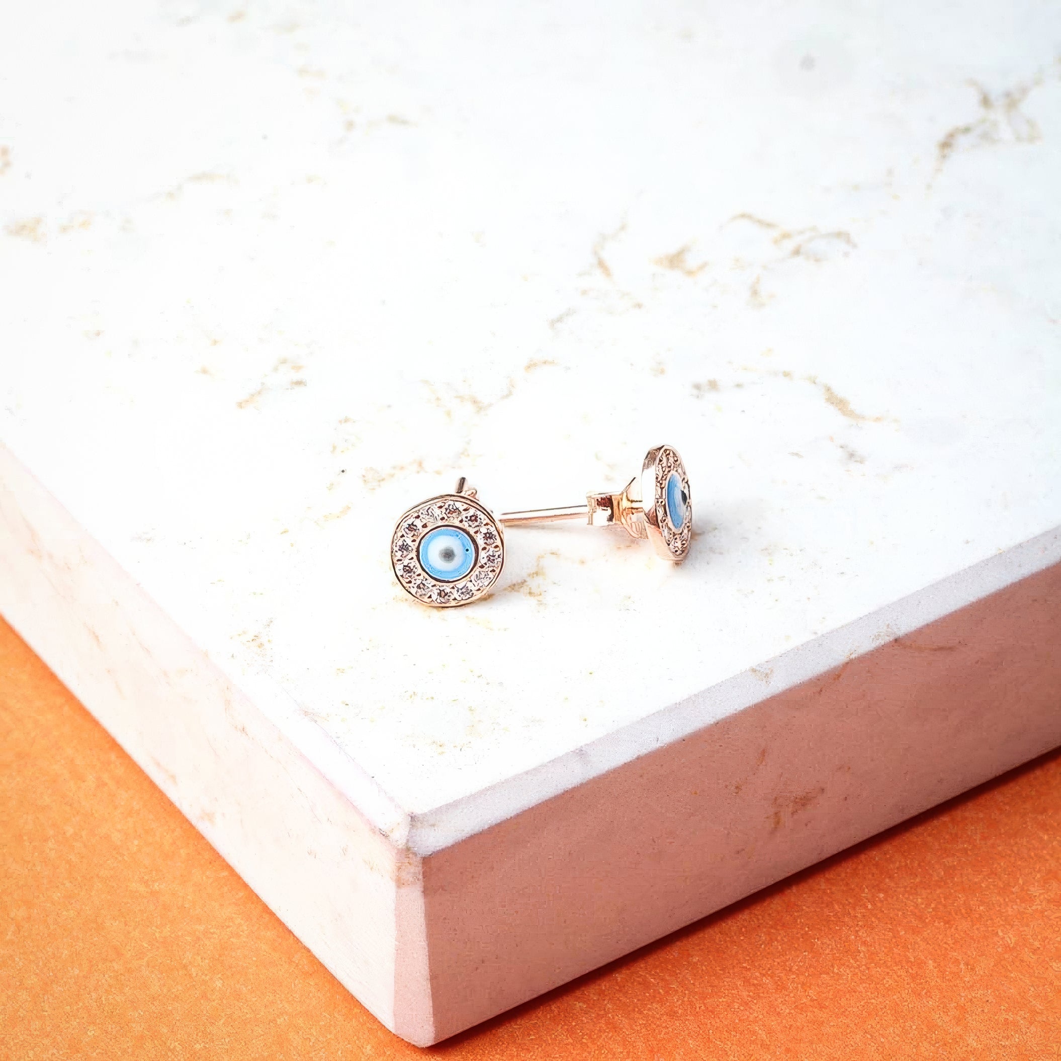 Eye Earrings – Blue Eye Bead 925K White Zircon Stone Studded Rose Silver Earrings