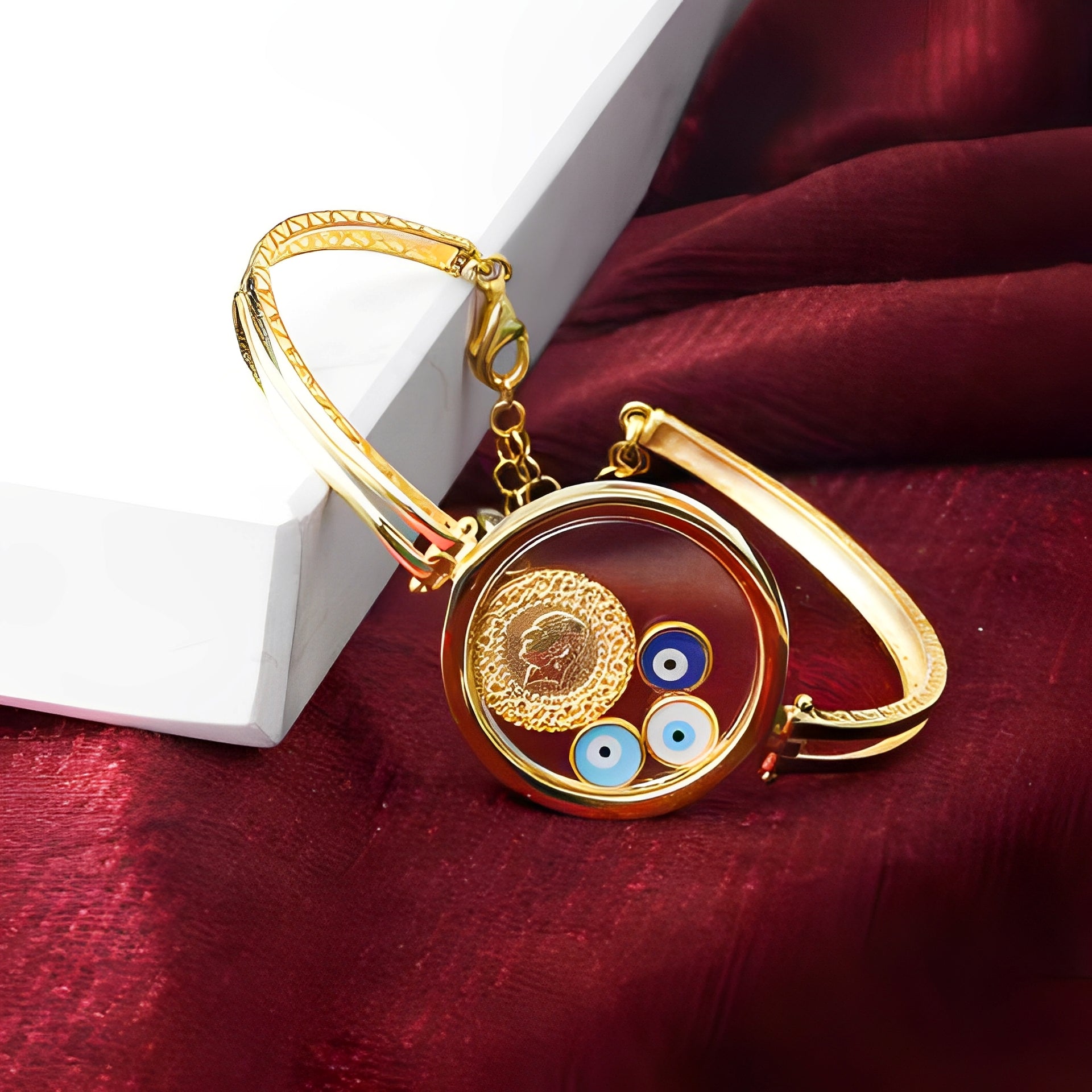 Quarter Model Bracelet – Gold Finish with Blue Eye Enamel; Silver Handcuff